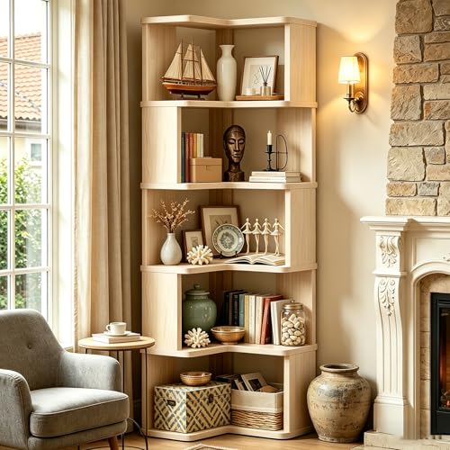 Brown 6-Tier L-Shaped Corner Bookshelf with Bookends - Modern Storage