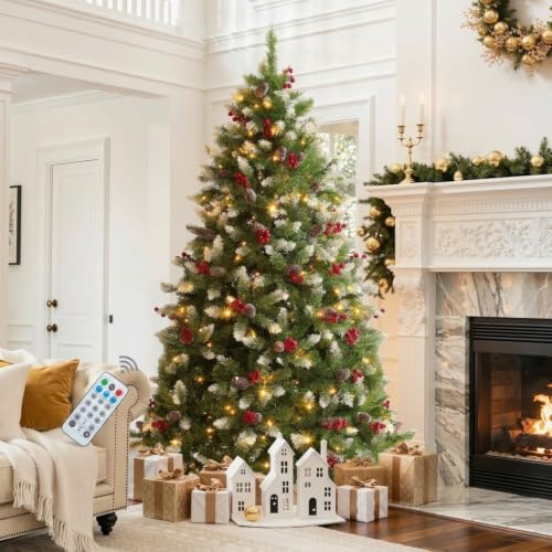 Green 6FT Pre-Lit Christmas Tree with Pine Cones & Red Berries - 818 Tips, 250 LED Lights