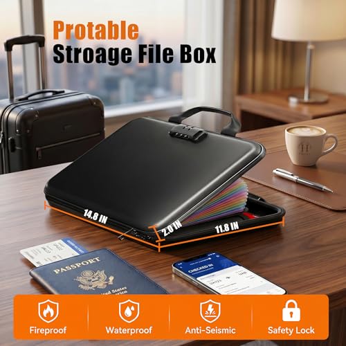 IPYIPY Black Fireproof Water-Resistant Document Organizer with Lock, 13-Pocket EVA File Box