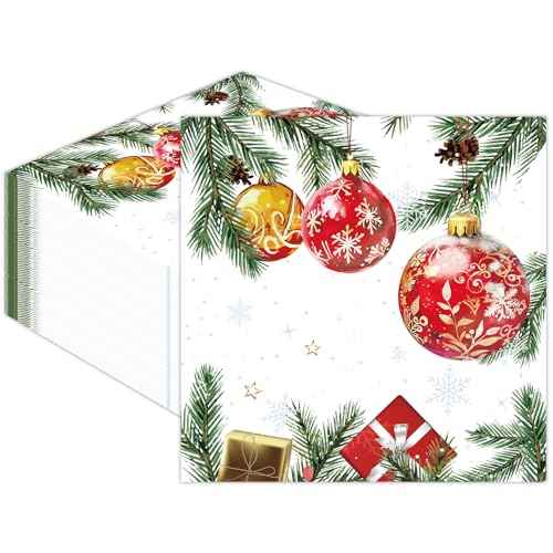 50PCS Christmas Paper Napkins - Disposable Xmas Balls Holiday Napkins Snowflake Holly Pine Cone Paper Napkins for Dinner Table Decor Party Supplies