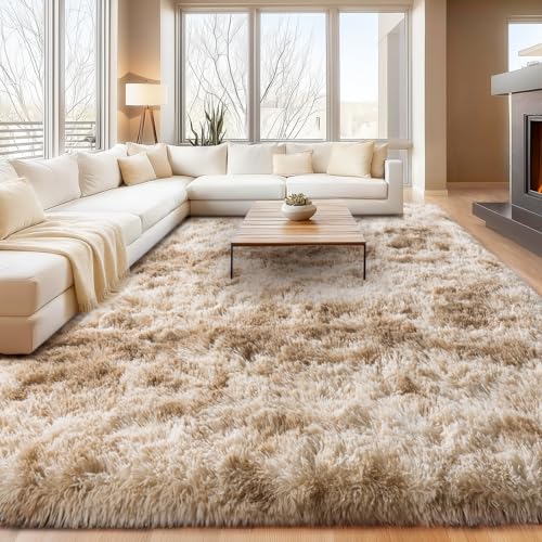 Tie Dye Camel 9x12Ft Large Shaggy Rug - Fuzzy Living Room Carpet, Non-Slip