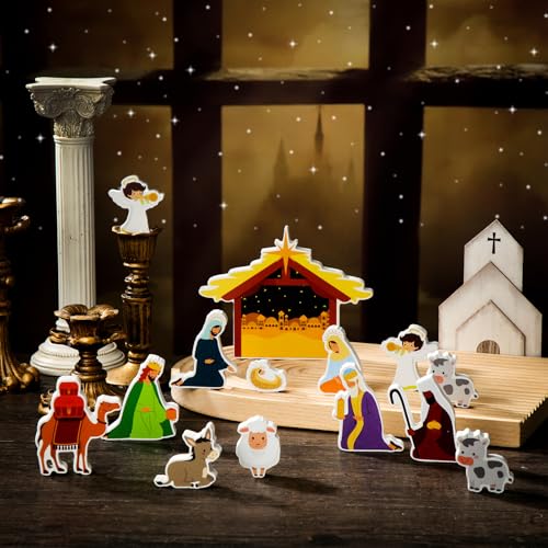 Yuntau 13-Piece Nativity Set – Wooden Stable Christmas Scene Figures
