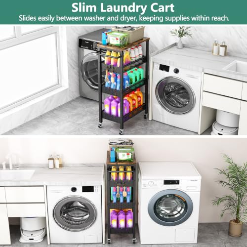 Vivihomety 4-Tier Metal & Wood Slim Rolling Laundry Cart - Black, 8.1 Inch Wide