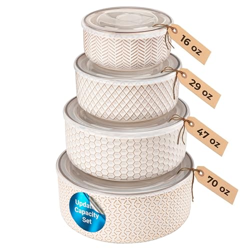 KooK 70 Oz Ceramic Nesting Bowls with Lids - Embossed Stoneware, Set of 4 Ivory