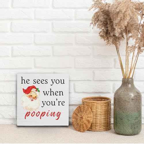 Red Christmas Santa Bathroom Wooden Box Sign,He Sees You When You're Pooping Wood Sign,Funny Christmas Bathroom Desk Sign For Home Barthroom Toilet Restroom Decor,Red Christmas Decor,5x5 Inch