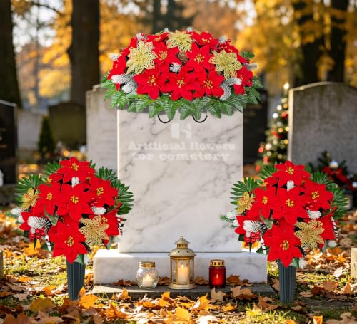 Red Poinsettia Cemetery Flowers 3-Piece Set for Grave Memorials