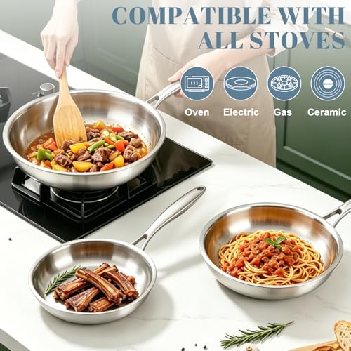 8/10/12 Inch Tri-Ply Stainless Steel Frying Pan Set Non-Stick Cookware