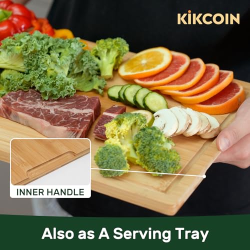 Natural 24 x 18 Inch Bamboo Cutting Board for Kitchen, Reversible, Juice Groove & Handle