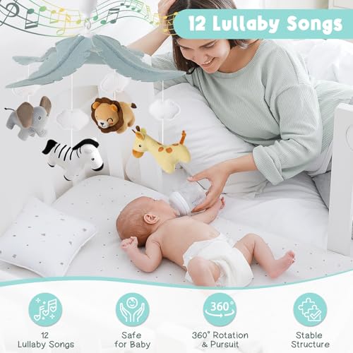 PIIKAGO Jungle Animals Safari Baby Mobile for Crib with 3-Mode Music Box - Nursery Decor Gift