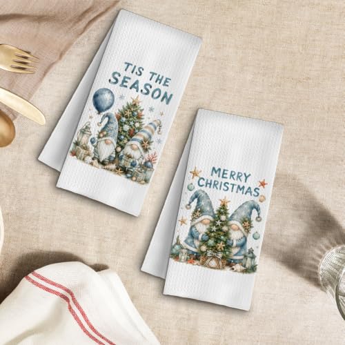 Gnome Coastal Christmas Kitchen Towels Set of 2, 16x24 Inches - ChenCraty