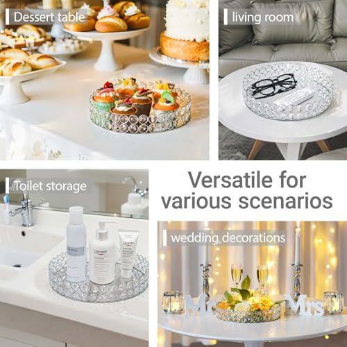 2 Pcs Silver 10" Round Metal Mirror Crystal Tray – Vanity for Makeup,