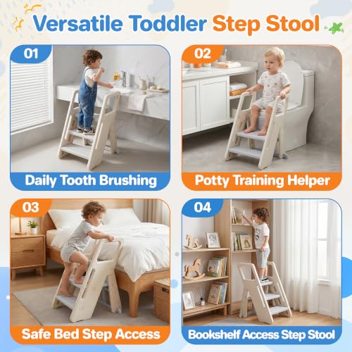 Foldable Toddler Step Stool with Handles - Adjustable 3-in-1 Kids Stool for Bathroom Kitchen and Bedroom