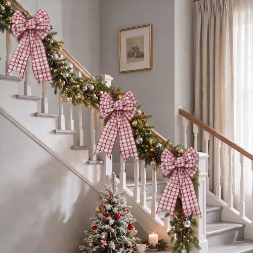 VATIN Red White Gingham Wired Ribbon 4" x 10yd - Christmas Tree & Gift Ribbon - White & Dark Red