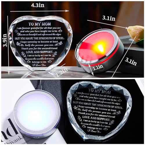 Movdyka Heart-Shaped Crystal Keepsake with LED Base - Mom Gift for Mother's Day