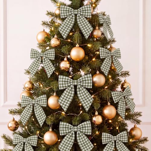 Olive Green & White Gingham Ribbon Bow 4.5" (12 Pcs) with Elastic Tie - Wavyknot