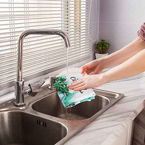 Kajaia 4 Pieces Christmas Teal Kitchen Towels and Dishcloths Merry Christmas Truck Gnome Kitchen Towels Blue Buffalo Plaid Hand Towels Turquoise Blue Dish Towels Teal Christmas Kitchen Decor(Gnome)