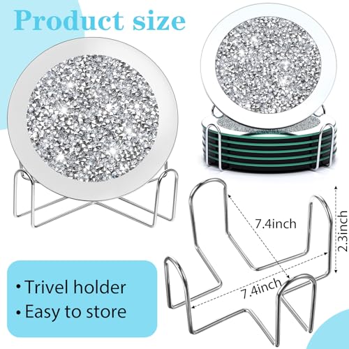 Jetec 6 Pcs Crystal Coasters with Holder – 7" Round Mirrored, Silver