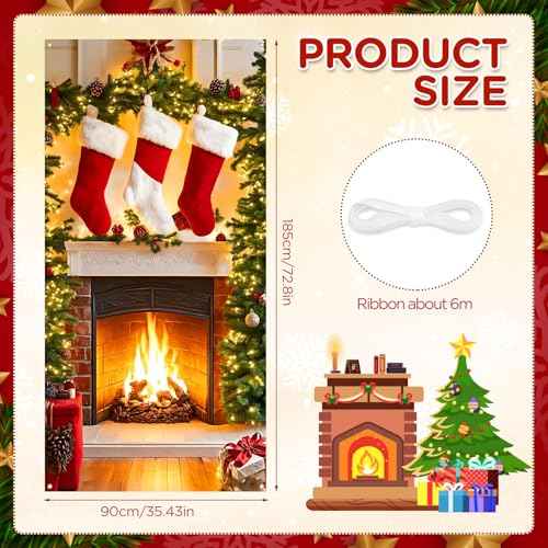 Christmas Fireplace Door Cover Banner with Stockings & Sign - Photo Booth Prop Background for Holidays Indoor/Outdoor