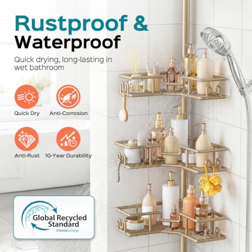 HAMITOR No-Drill Corner Shower Rack - 4-Tier Rustproof Tension Pole, Khaki, Wire Baskets