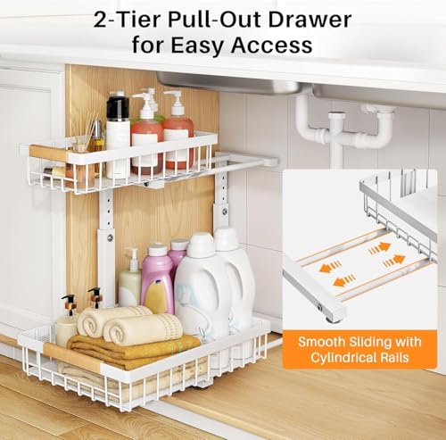PXRACK Large White 2-Pack Under Sink Organizer - Adjustable 2-Tier Pull-Out Cabinet Storage for Kitchen & Bathroom