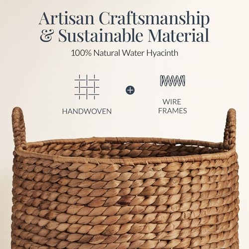 Water Hyacinth Basket Set - 2-Piece Nesting Storage Bins with Handles, Chestnut