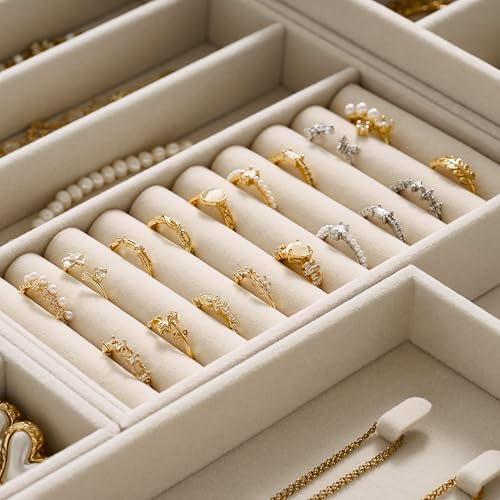 Large Beige Velvet Jewelry Drawer Organizer Trays - 4-Layer Stackable Insert Set with Removable Dividers, Magazine Size