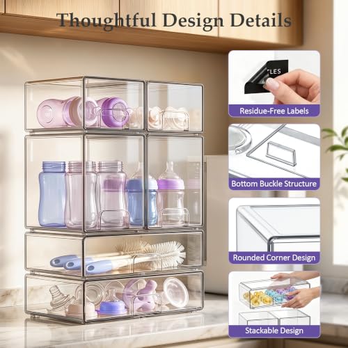 Yasali 6-Pack Stackable Baby Bottle Organizer Storage Drawer - Clear, Space-Saving