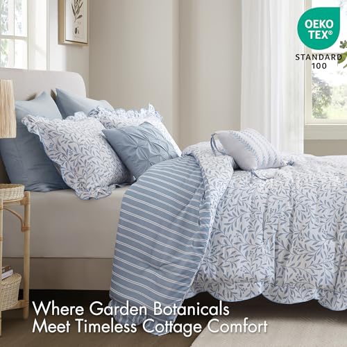 Reversible King Comforter Set with Shams & Decorative Pillows - Blue Floral