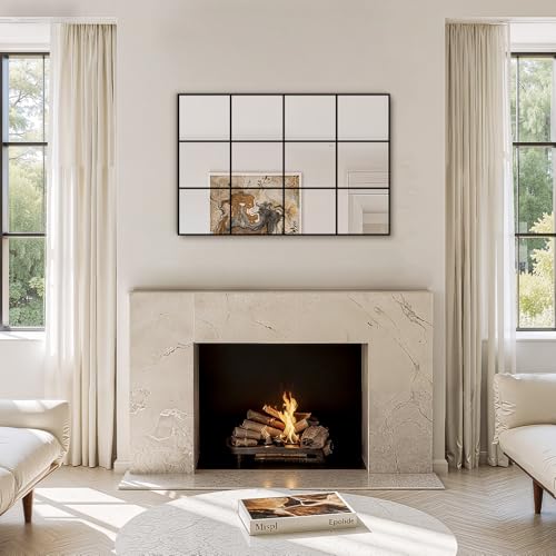 LAWADA 24x36 Black Window Pane Wall Mirror - Modern Rectangular Decor with Grid Design