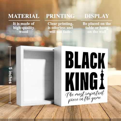 Black King Decor Wooden Box Sign, Inspirational African American Men Desk Decoration Afro Boy Black Men Home Office Bedroom Living Room Decor, Black King Gifts for Men, White
