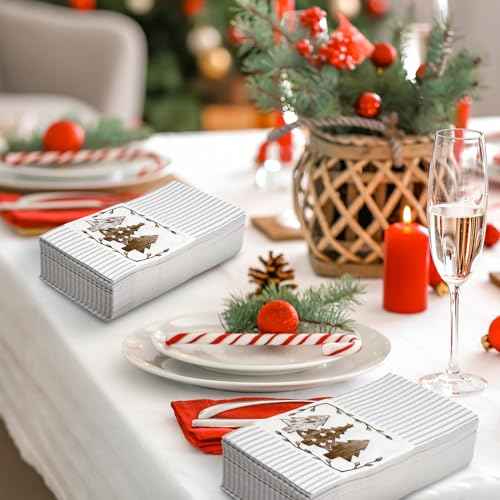 80 Pack Merry Christmas Guest Napkins Brown Grey Striped Christmas Tree Disposable Paper Napkin Xmas Holiday Party Dinner Decor Hand Napkin Towel for Home Kitchen Bathroom, 13 x 15.7 Inch