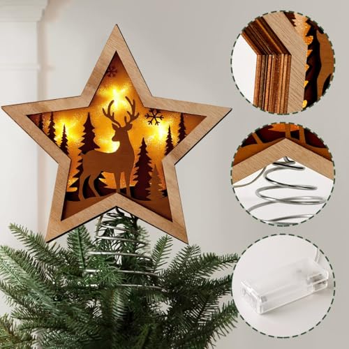 Christmas Star Tree Topper, Rustic Reindeer Wooden Toppers with Warm