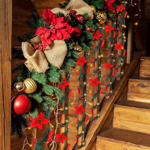 Zhengmy 30 Pcs Christmas Garland Ties with Poinsettia & Ornaments — Flexible Holiday Railing Decor, 20 Inch