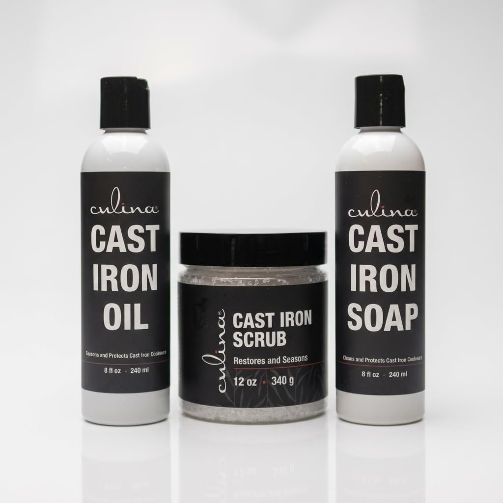 Culina Supreme Cast Iron Care Set: Restoring Scrub, Cleaning Soap & Conditioning Oil | Best for Cleaning Care, Washing & Restoring | 100% Plant-Based | for Cast Iron Cookware, Skillets, Pans & Grills!