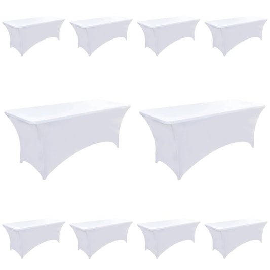 ZarzaaSik 10-Pack 8ft White Spandex Table Covers for Rectangle Folding Tables - Washable Elastic Tablecloth - Ultimate Fitted Table Protector for Parties, Trade Shows, Banquet, and Wedding