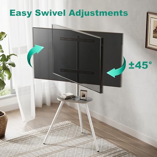 ECOTINY White Metal Tripod TV Stand for 43-65 Inch Flat Screen TVs with Swivel & Wooden Shelf