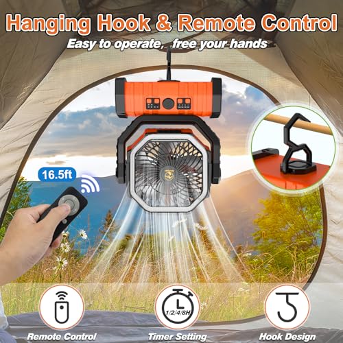 Orange 20000mAh Rechargeable Camping Fan with LED Lantern & Remote Control