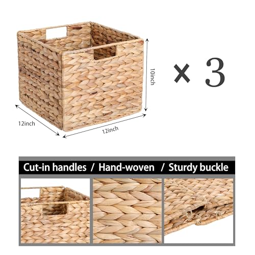 Water Hyacinth Storage Baskets Set of 3 - Large Foldable Woven Wicker Cubes for Shelves