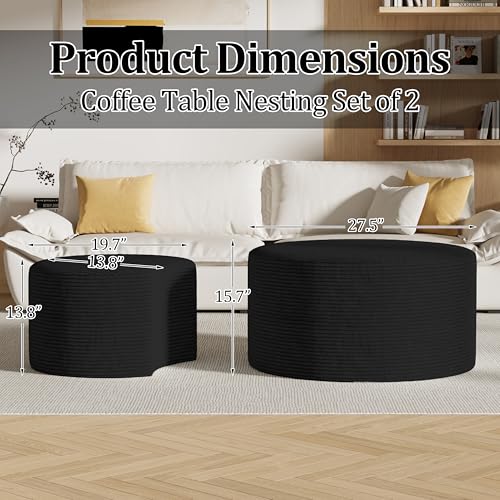 Round Nesting Coffee Table Set of 2,Upholstered Foam Ottoman Footrest