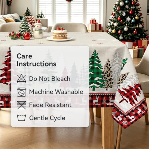 Christmas Tree Sled Elk Plaid Tablecloth 60x84in – Cotton-Linen Look, 84" x 60" Rectangular