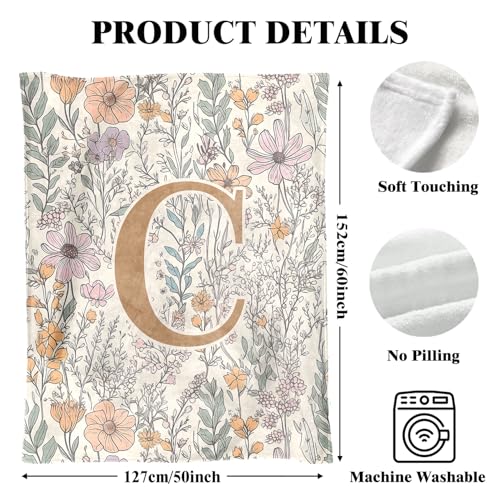JXREQ Boho Floral Initial C Throw Blanket - 50x60 in Personalized Gift for Women