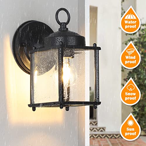 MATAMEYE Black Outdoor Wall Lantern 8.27 Inch Waterproof Sconce with Beveled Glass Shade, 2 Pack
