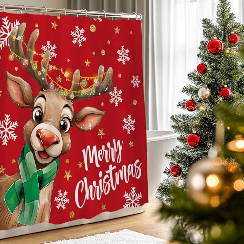 Reindeer Christmas Decor Merry Shower Curtain Snowflake Red Sets with
