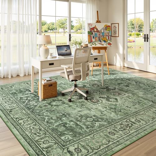 Sage Green 8x10 Area Rug for Living Room - Vintage Boho Carpet, Non-Slip