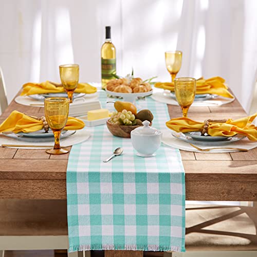 DII Fringed Check Table Runner 14x72 in Aqua – Tabletop Home Decor