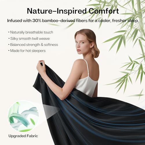 Black Queen Bed Sheets Set - Rayon Bamboo Blend, Deep Fitted & Pillowcases