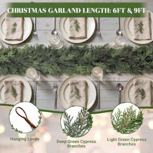 9FT Artificial Cedar Garland, Faux Christmas Garland for Mantle