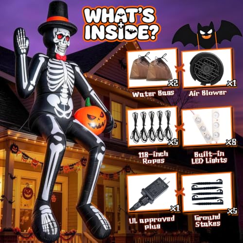 JOVIPOP 14ft Inflatable Sitting Skeleton Halloween Decor with Lights & Pumpkins