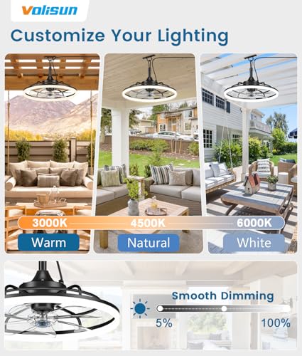 VOLISUN Black 19.7-Inch Outdoor Ceiling Fan with Light, Dimmable, Weatherproof, Remote & App Control