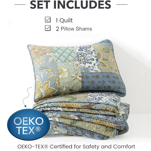 Queen Size Bohemian Floral Cotton Quilt Set with Pillow Shams - Reversible Bedspread for All Seasons, Soft Lightweight Patchwork Bedding by NEWLAKE